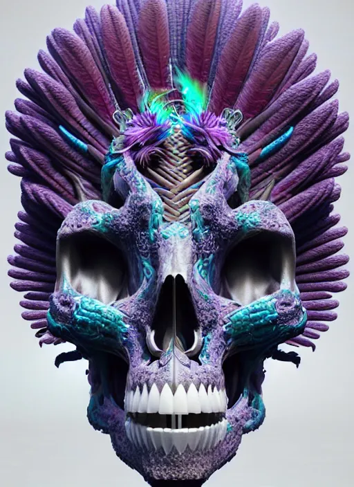 Image similar to 3 d goddess profile portrait, sigma 5 0 0 mm f / 5. beautiful intricate highly detailed quetzalcoatl skull and feathers. bioluminescent, plasma, lava, ice, water, wind, creature, thunderstorm! artwork by tooth wu and wlop and beeple and greg rutkowski, 8 k trending on artstation,