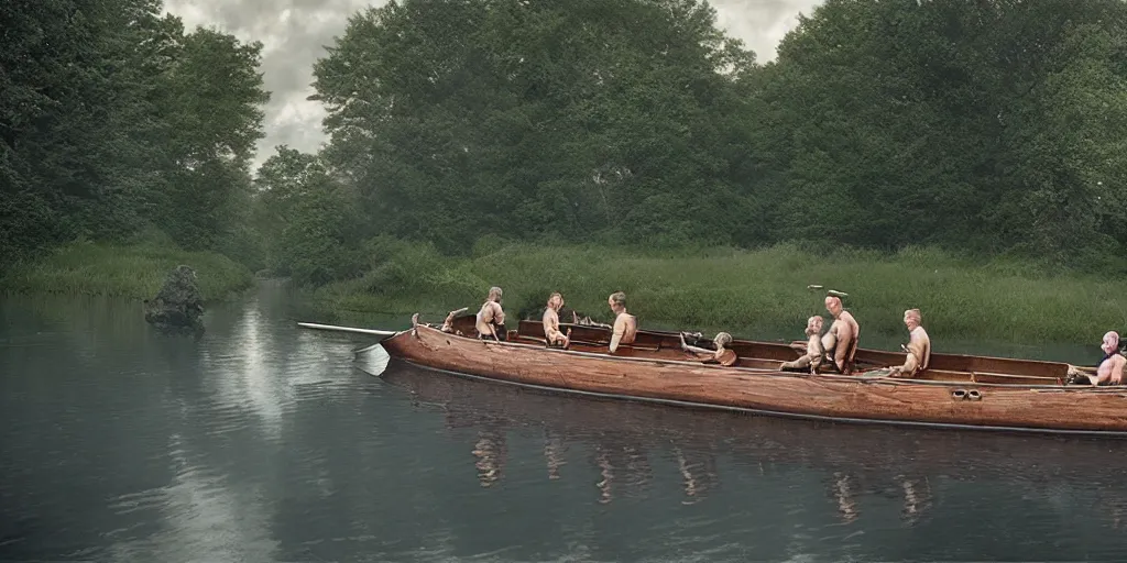 Prompt: A rustic lifeboat with oarsmen in turbulent see, by Gregory Crewdson