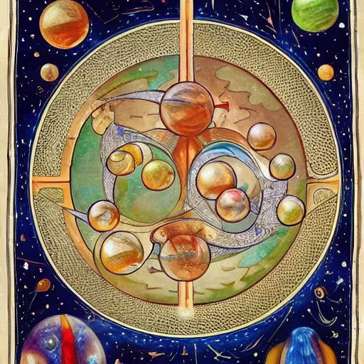 Image similar to a beautiful cosmos of celestial bodies in the style of illuminated manuscript, extremely detailed, trending on artstation