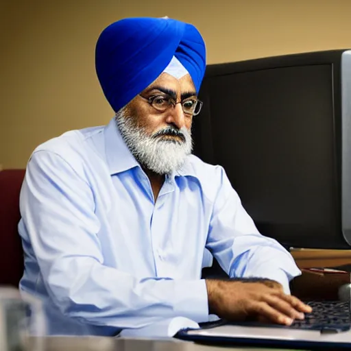 Image similar to Inderjit gill sitting at a computer looking lost, photograph, high quality