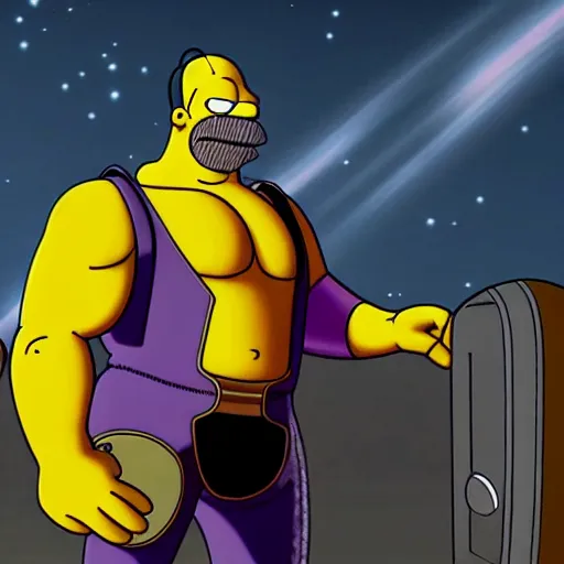 Image similar to 3D Homer Simpson as Thanos, cinematic, 4K