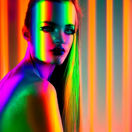 Image similar to goldenhour selfie photo of a stunningly beautiful model with large symmetrical violet eyes and flowing iridescent hair, rainbow light spectrum caustics and shadows cast by the blinds