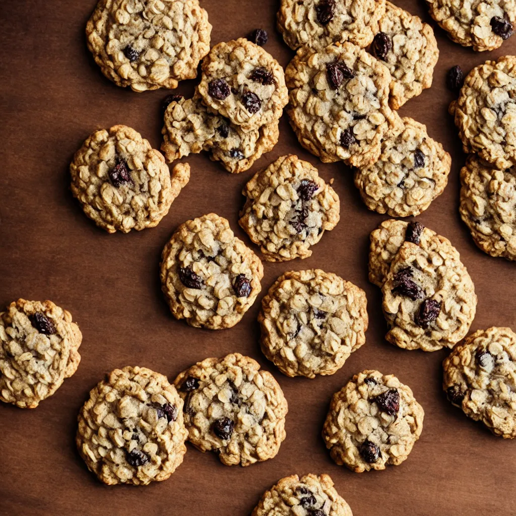 Image similar to close - up view of singular brown oatmeal raisin cookies on top of a wooden table, 8 k, high detail, photorealistic, proper shading