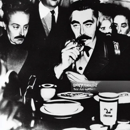 Prompt: joseph stalin eating at mcdonald's, press photo, caught off guard, surprised, paparazzi