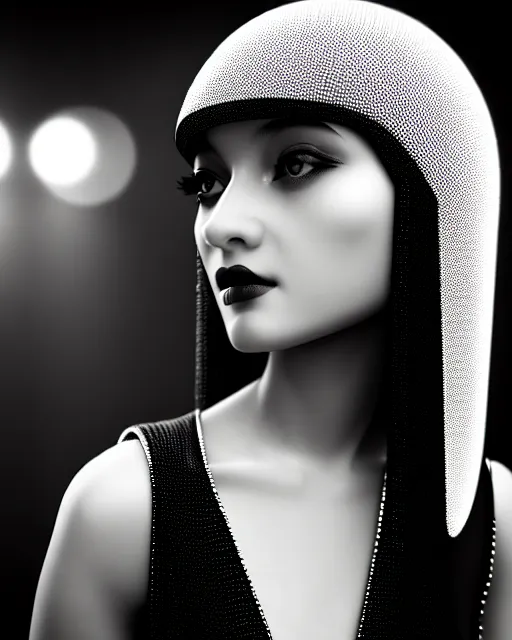 Image similar to black and white dreamy young beautiful female artificial intelligence, metropolis, cinematic, rim light, bokeh, photo - realistic, elegant, high detail, 8 k, masterpiece, photo taken in 1 9 3 0