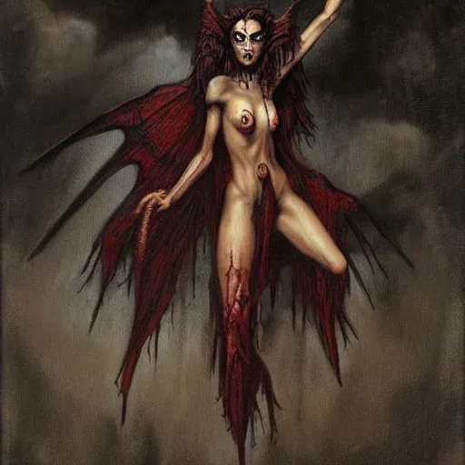 Image similar to portrait of erinyes demon, misty night, beautiful! coherent! by brom! deep colors, strong lines, high contrast