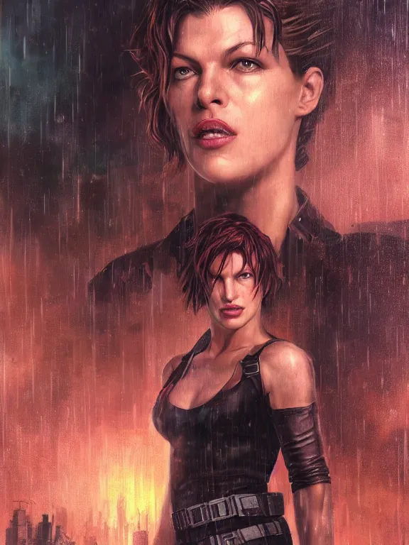 Prompt: portrait of Milla Jovovich from Resident Evil fighting in the wreckage city in the rain,by tom bagshaw,Cedric Peyravernay,James Paick,Ted Nasmith, peter gric,Hugh Ferriss,trending on artstation,8k,Blade Runner 2049,ultra realistic,high detail,golden ratio,cinematic lighting,maximalist