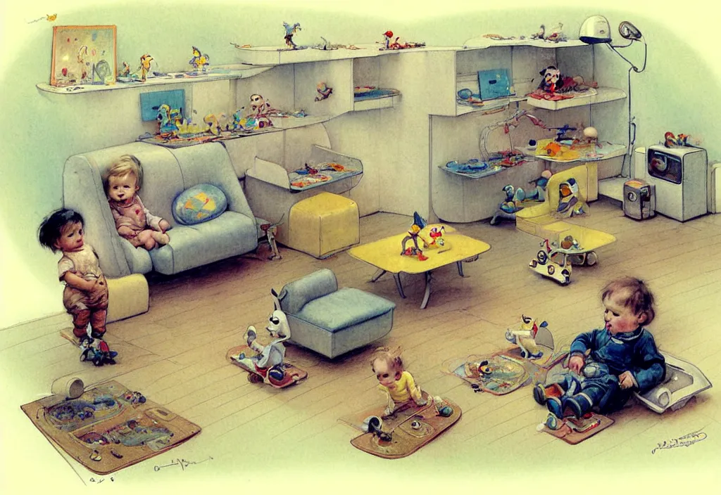 Prompt: toddler ( ( ( ( ( 1 9 5 0 retro futuristic living room. muted colors. toys laying around ) ) ) ) ) by jean baptiste monge