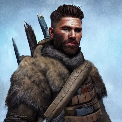 Image similar to A comic book style portrait painting of a male survivalist warrior in a a post apocalyptic winter landscape, unreal 5, DAZ, hyperrealistic, octane render, RPG portrait, ambient light, dynamic lighting