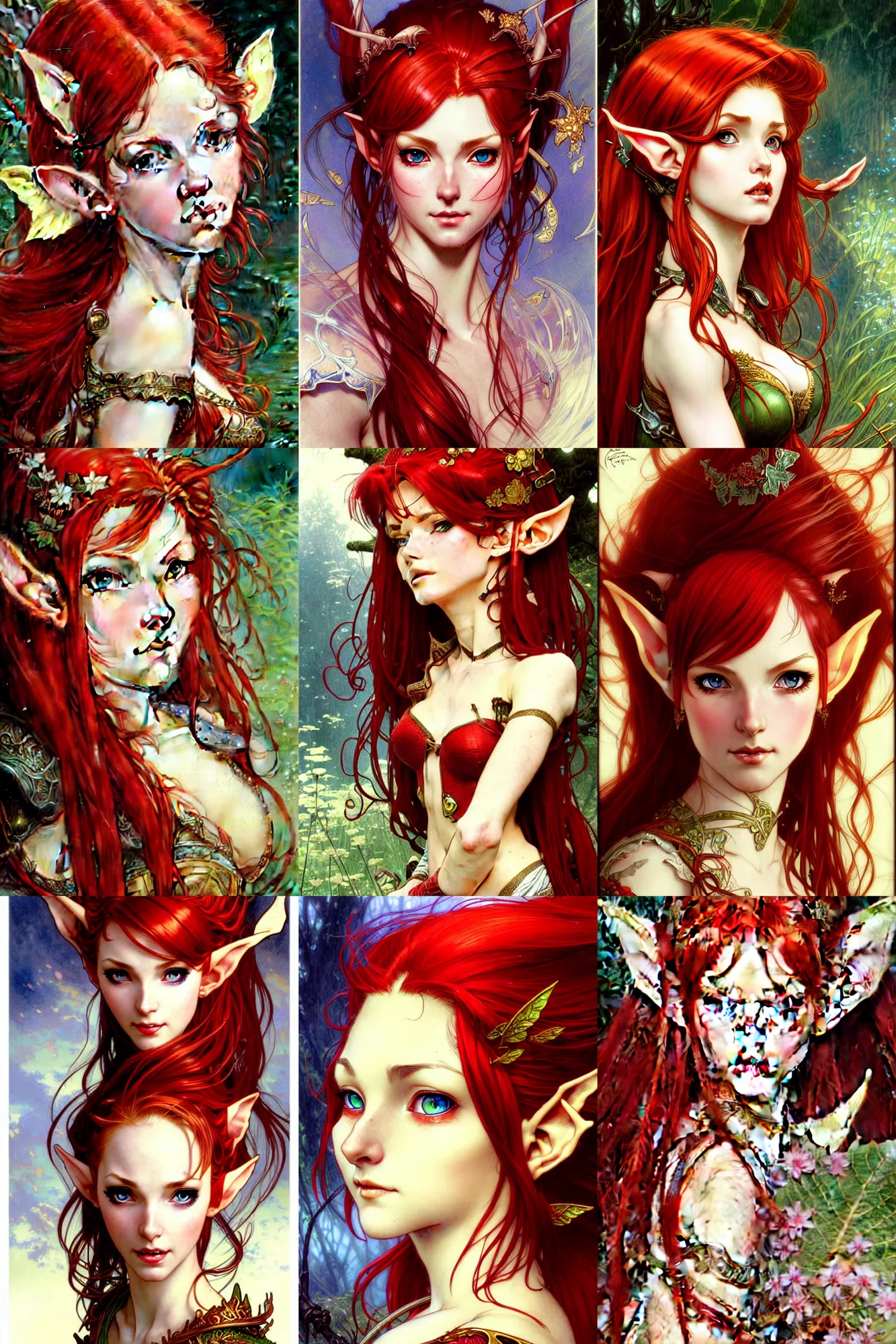 Image similar to alluring highly detailed close-up portrait of beautiful elf girl with red hair wearing a fantasy outfit, very detailed, realistic, manga, pen and ink, by Stanley Artgerm Lau, greg rutkowski, thomas kindkade, alphonse mucha, loish, norman rockwell J.