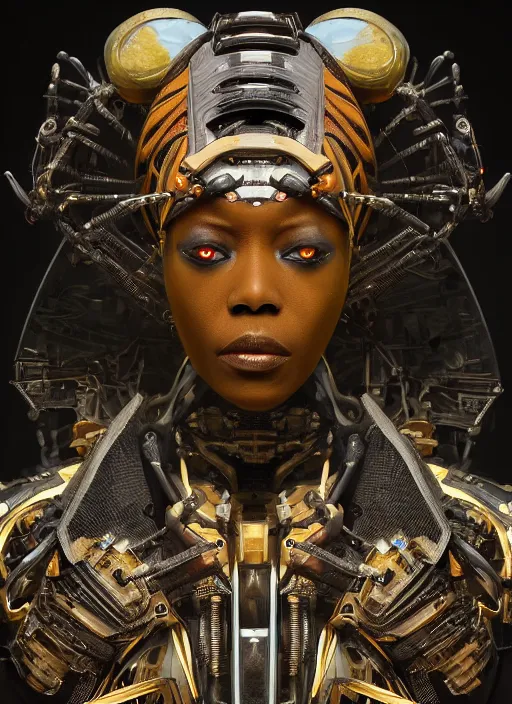 Prompt: portrait of a futuristic african voodoo master cyborg, in the style of ghost in the shell, kintsugi, modern fine art, fractal, intricate, elegant, highly detailed, digital photography, subsurface scattering, by jheronimus bosch and greg rutkowski,