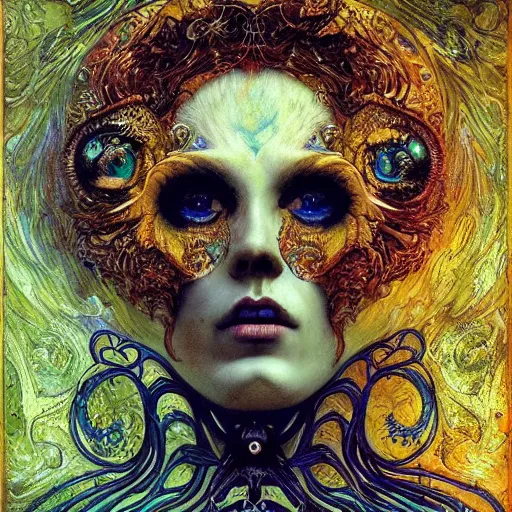 Image similar to Memento Mori by Karol Bak, Jean Deville, Gustav Klimt, and Vincent Van Gogh, beautiful visionary mystical portrait, calavera, otherworldly, fractal structures, ornate gilded medieval icon, third eye, spirals, jeweled calavera by James Jean