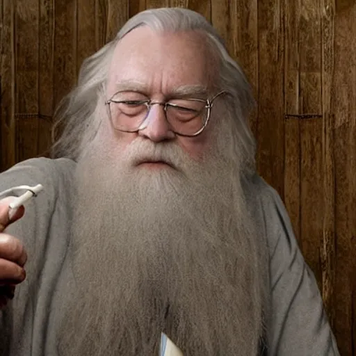 Prompt: Dumbledore sitting in on a toilet smoking a cigarette, front facing photo, realistic