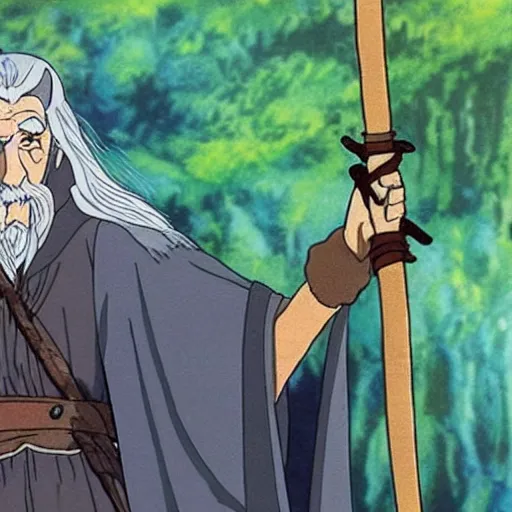 Image similar to gandalf from the anime lord of the rings (1986), holding a wooden staff, studio ghibli, very detailed, realistic