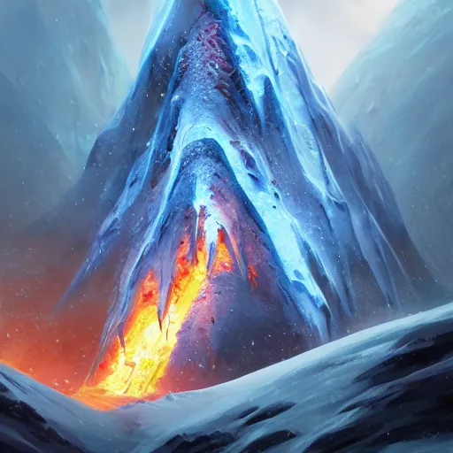 Image similar to blue glacier volcano eruption, blue glacier volcano eruption, blue liquid and snow, blue glacier volcano eruption, snow dust everywhere, snow army battlefield, ice cold blue theme, bright masterpiece artstation. 8 k, sharp high quality artwork in style of jose daniel cabrera pena and greg rutkowski, concept art by tooth wu, blizzard warcraft artwork, hearthstone card game artwork