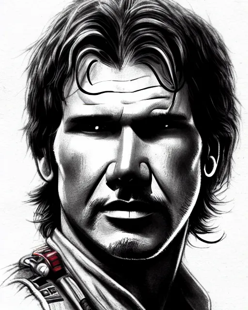 Prompt: portrait closeup harrison ford hybrid han solo standing in the cockpit of the millennium falcon, confident, jim lee, brian froud, strong line, deep color, action pose, trending on artstation, octane