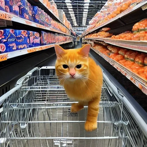 Prompt: orange tabby cat shopping at walmart