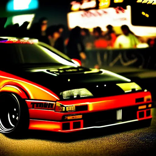 Image similar to a car 300ZX twin turbo drift at illegal car meet, Shibuya prefecture, city midnight mist lights, cinematic lighting, photorealistic, highly detailed wheels, high detail