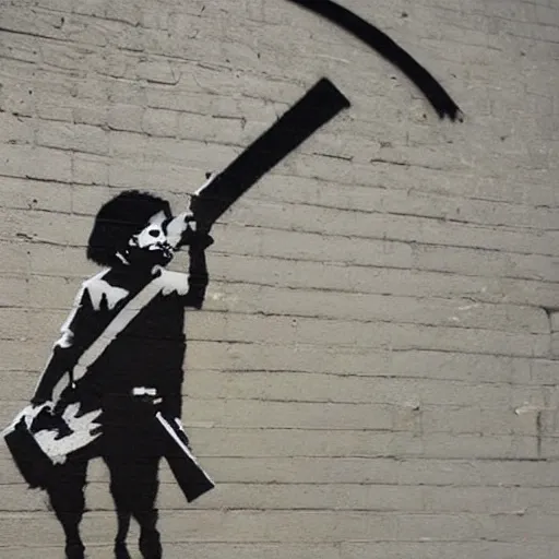 Image similar to Banksy street art showing a rat holding a hammer and sickle. On a brick wall in a big city. Highly detailed. Linden street art. Banksy