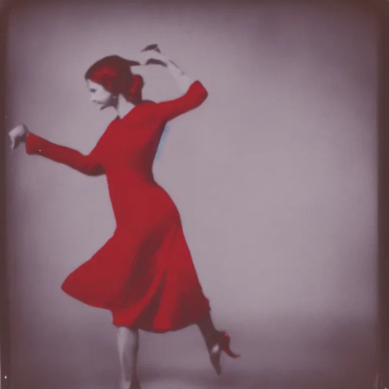 Prompt: A high-detailed polaroid photo of woman dancing in the night, grayscale photo with red dress, realism, photo by Richard Avedon, 8k resolution, hyper-realism, photo-realism
