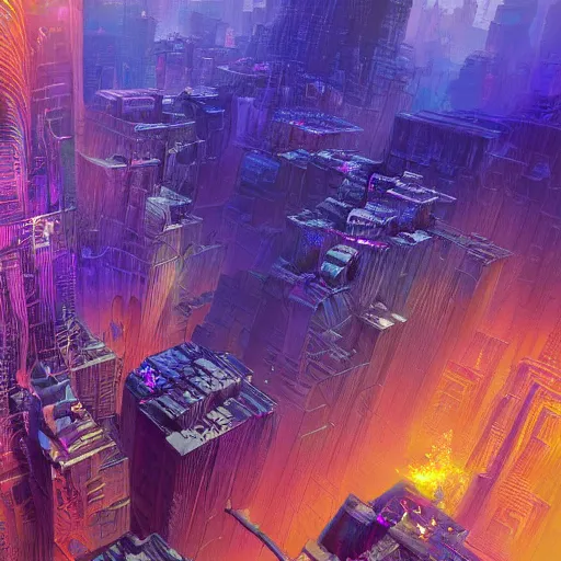 Image similar to Hyperdetailed render of A beautiful painting of Fractal abstract painting of psychedelic cyberpunk city in blue-purple-orange color scheme in I can't believe how detailed this is. by greg rutkowski, Trending on artstation Taro card, cubism brutalism architecture, Lava Canyons, magma burst, little crystals everywhere