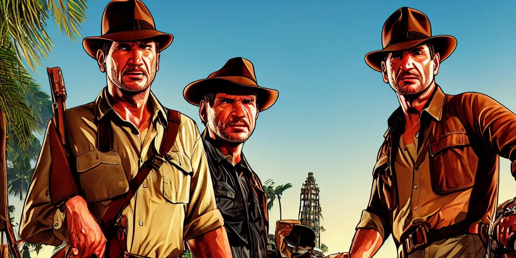 Prompt: Indiana Jones in GTA V, Cover Art by Stephen Bliss, Boxart, Loading Screen. 8k Resolution