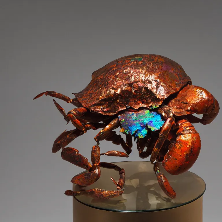 Prompt: hyperrealistic sculpture of an rusted fossilized iron hermit crab encased in a solid tube of iridescent glass on a pedestal by ron mueck and duane hanson and damien hirst, hyperrealistic dramatic colored lighting trending on artstation 8 k