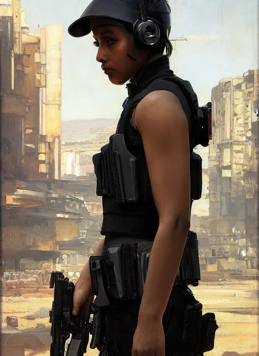 Image similar to 🤸🏿♀. cyberpunk police trooper in a military vest ( blade runner 2 0 4 9, cyberpunk 2 0 7 7 ). orientalist portrait by john william waterhouse and james gurney and theodore ralli and nasreddine dinet, oil on canvas. cinematic, hyper realism, realistic proportions, dramatic lighting, high detail 4 k