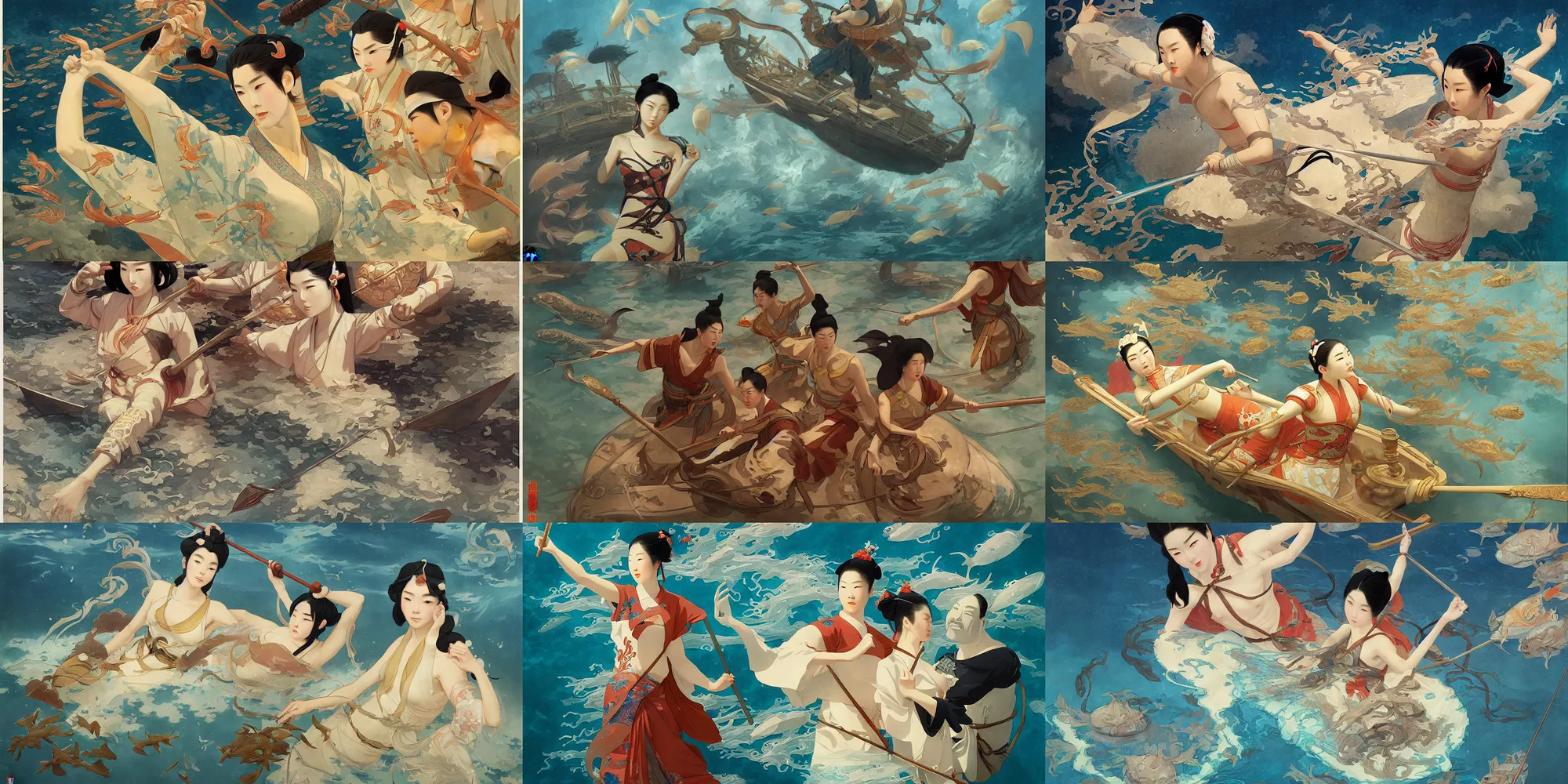 Prompt: tang dynasty, underwater, in the style of studio ghibli, j. c. leyendecker, greg rutkowski, artem