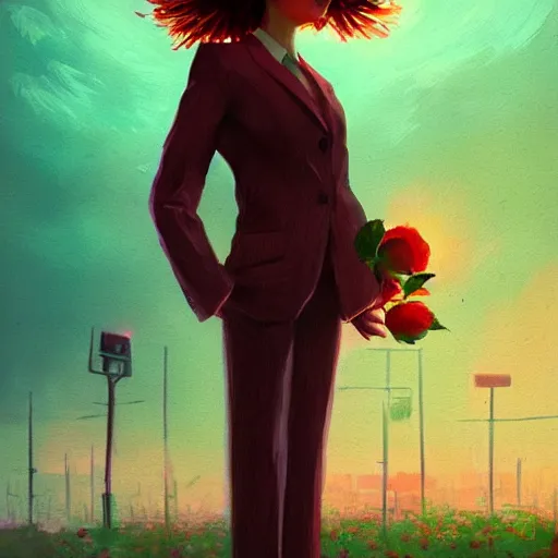 Image similar to closeup, large rose flower head, frontal, a girl in a suit, surreal photography, sunrise, dramatic light, impressionist painting, digital painting, artstation, simon stalenhag