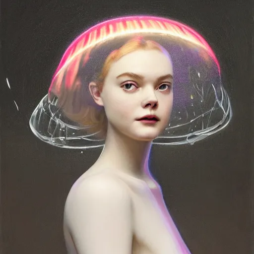 Prompt: Elle Fanning wearing a jellyfish helmet in the style of Paola Vetri, head and shoulders portrait, stormy weather, extremely detailed masterpiece, oil on canvas, low-key neon lighting, artstation, Blade Runner 2049, Roger Deakin’s cinematography, by J. C. Leyendecker and Peter Paul Rubens and Edward Hopper and Michael Sowa,