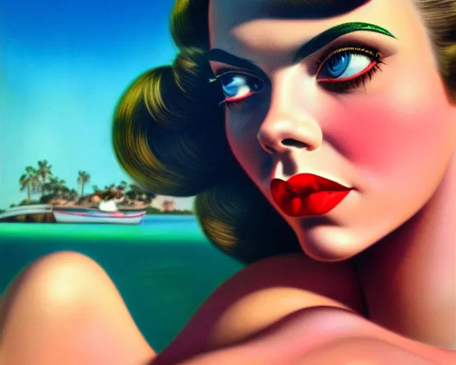 Image similar to closeup profile portrait of a 1 9 5 0 s cara delevigne wearing a bikini, mark ryden, lostfish, max fleischer, hyper realistic, artstation, illustration, digital paint, matte paint, vivid colors, bright, cheerful, detailed and intricate environment