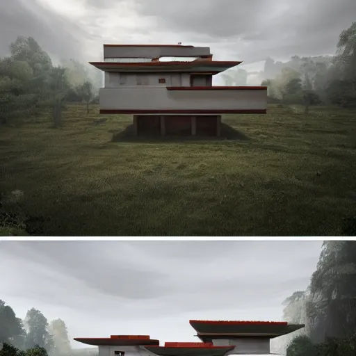 Prompt: rectangular modernist house inspired by a tibetan palace, surrounded by thick collumns, two levels, in a field, big trees, clouds, dramatic lighting, artstation, matte painting, raphael lacoste, simon stalenhag, frank lloyd wright, drone view