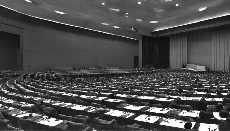 Image similar to 60s movie still of empty soviet congress with one man standing, cinestill 800t 50mm eastmancolor, liminal Space style, heavy grain-s 150