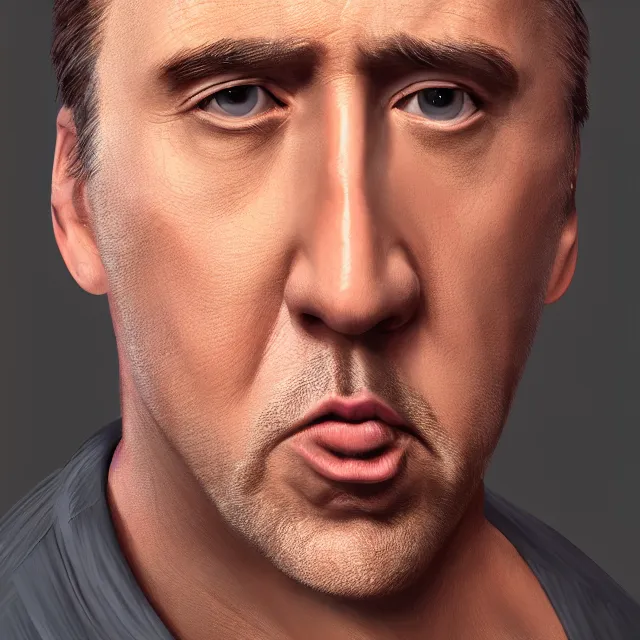 Prompt: portrait of bald nicolas cage neutral expression face straight on headshot even lighting no hair, trending on artstation
