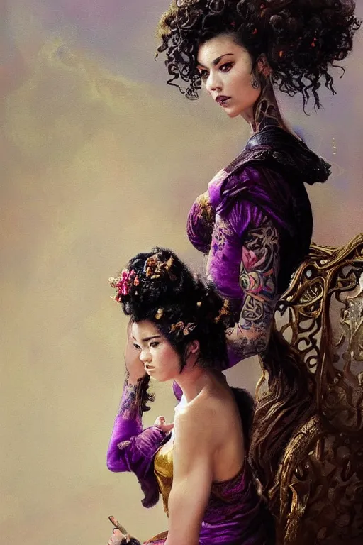 Image similar to an epic painting of a 1 9 years old girl figure sitting on chair, curly messy high bun hairstyle, whimsically designed oriental tattoos, subject wearing a gold and ruby alexander mcqueen medieval gown, flowing, ornate, beautiful, forbidden beauty, dramatic earth colors, with few vivid purple highlights, by jeremy mann and greg rutkowski, trending on artstation, oil on canvas