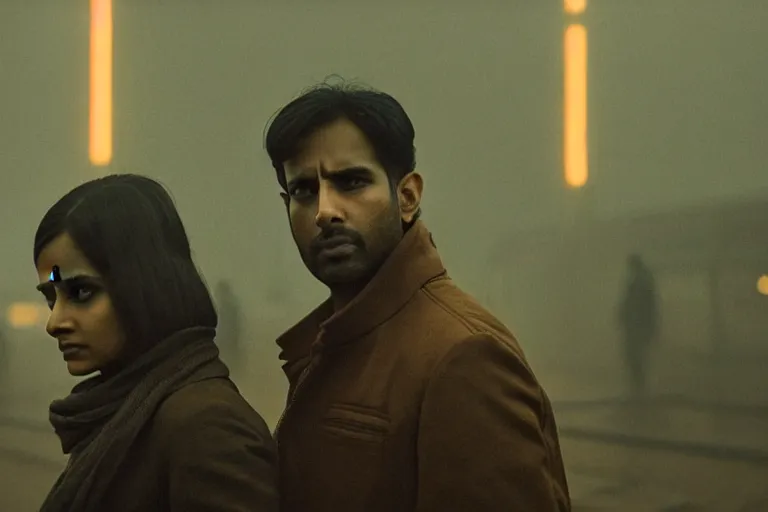 Prompt: film still of closeup beautiful model indian couple in blade runner 2 0 4 9, train station, cinematic, moody, gritty neon noir by emmanuel lubezki