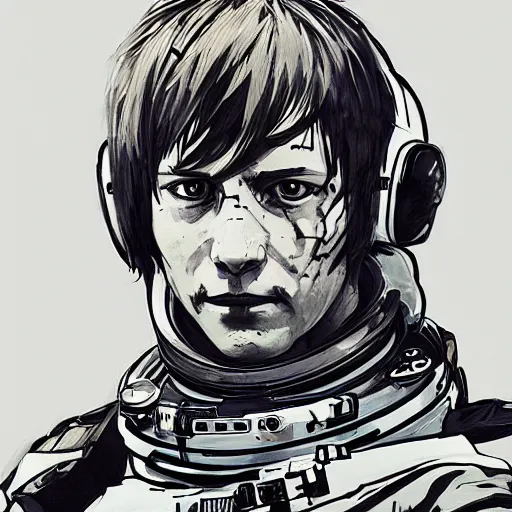 Image similar to portrait of an astronaut character in the style of Death Stranding by Yoji Shinkawa and Ashley Wood