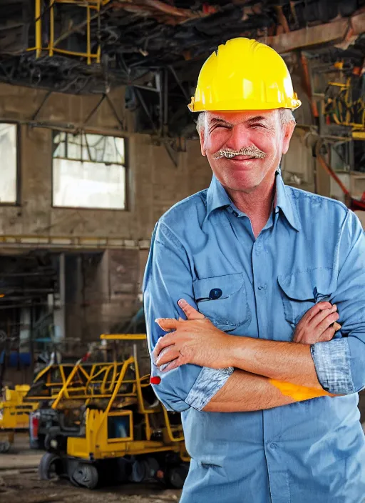 Image similar to closeup portrait of cheerful bryan craston as a crane operator, yellow hardhat, natural light, bloom, detailed face, magazine, press, photo, steve mccurry, david lazar, canon, nikon, focus