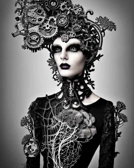 Image similar to surreal dark poetic black and white photo portrait of complex bio-mechanical beautiful young silver female vegetal-cyborg with a Mandelbrot fractal steampunk metal fine lace face, a very long neck and a fine metal floral foliage super big lace collar by Vivienne Westwood:: smoke, high fashion, haute couture, rococo, steampunk, avant-garde, silver filigree details, anatomical, facial muscles, cable wires, microchip, elegant, dreamy, foggy atmosphere, hyper realistic, 150 mm lens, soft rim light, octane render, unreal engine, picture was taken in 1910 by Man Ray, volumetric lighting, dramatic light,8k,