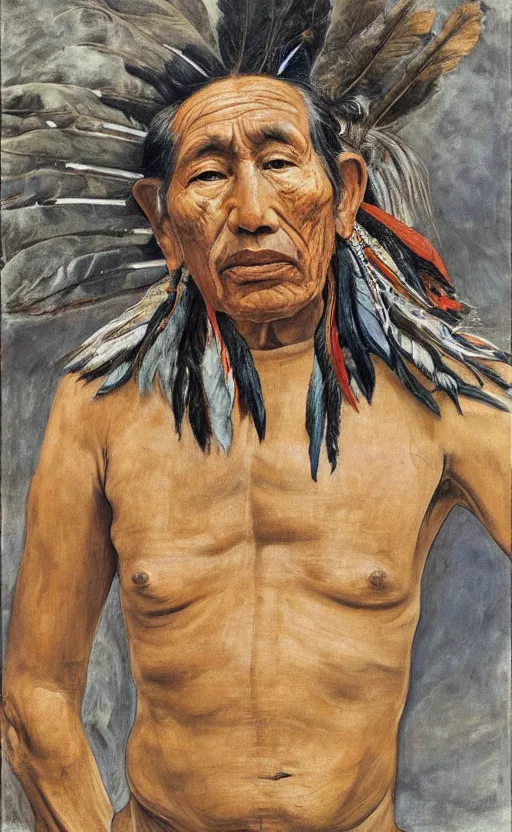 Image similar to full body shot picture of indigenous people leader gazing into the horizon, painted by lucian freud, hd, super detailed, realistic, muted colors