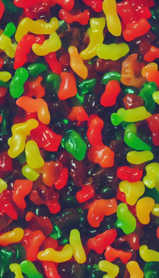 Image similar to horror movie poster about gummy bears and gummy worms