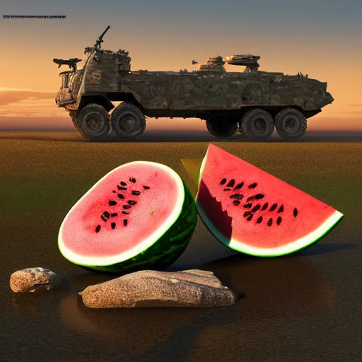 Prompt: Very very very very highly detailed Watermelon as military vehicle with epic weapons, on a battlefield in russian city as background. Photorealistic Concept 3D digital art in style of Caspar David Friedrich, super rendered in Octane Render, epic dimensional light