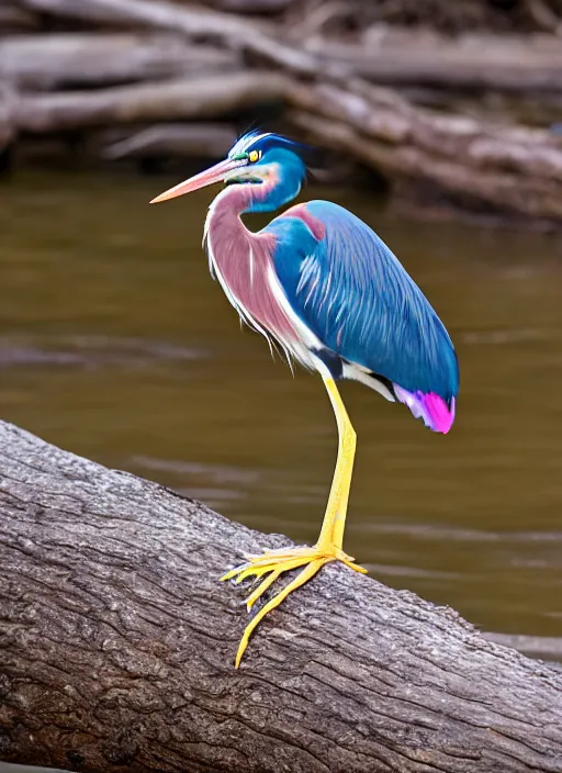 Image similar to tri - colored heron sitting on a log by the river, canon 7 d mark ii canon l series ii 1 0 0 - 4 0 0 @ 1 8 8 mm iso 8 0 0, f / 9. 0, 1 / 4 0 0 sec, octane,