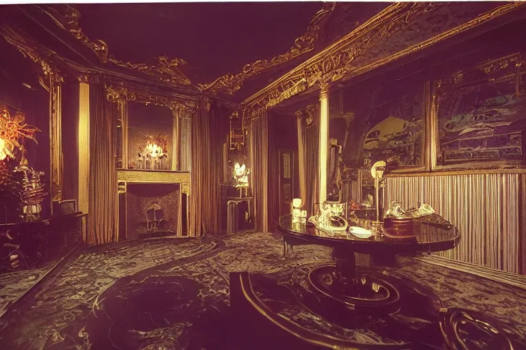 Image similar to full - color 1 9 7 0 s photo of the interior of a spooky elegant mansion at night. the interior architecture and layout are illogical, surreal, bizarre, complicated, and labyrinthine. there is a faintly - visible victorian ghost lurking. highly - detailed high - resolution photography.