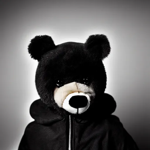 Image similar to a ( chiaroscuro lighting portrait ) of kanye west dressed as teddy bear mascot, black background, portrait by julia margaret cameron, shallow depth of field, 8 0 mm, f 1. 8