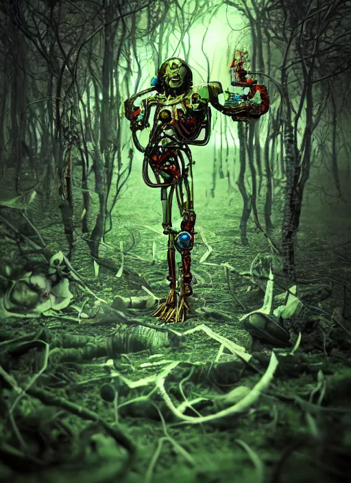 Image similar to a mad small psychedelic surreal horror cyborg in the chaotic spirit forest, bizarre conceptual art, filmic, fulcolor octane render, 1 6 k 4 d, cinematic, ultra - realistic