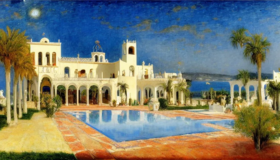 Image similar to a 1 9 9 8 southern spain palace!!! costa blanca, designed by cheval michael, bispo do rosario, arnold bocklin, tarsila do amaral and gustave baumann, jules bastien - lepage, warm, mediterranean, star, sharp focus, colorful refracted sparkles and lines, soft light, 8 k 4 k