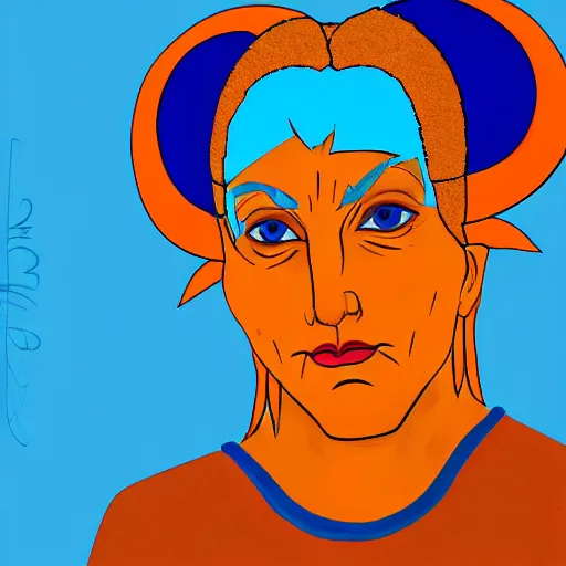 Image similar to illustrated portrait of ugly ram-horned woman with orange skin and a blue hair bob wearing leather armor