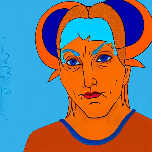 Prompt: illustrated portrait of ugly ram-horned woman with orange skin and a blue hair bob wearing leather armor